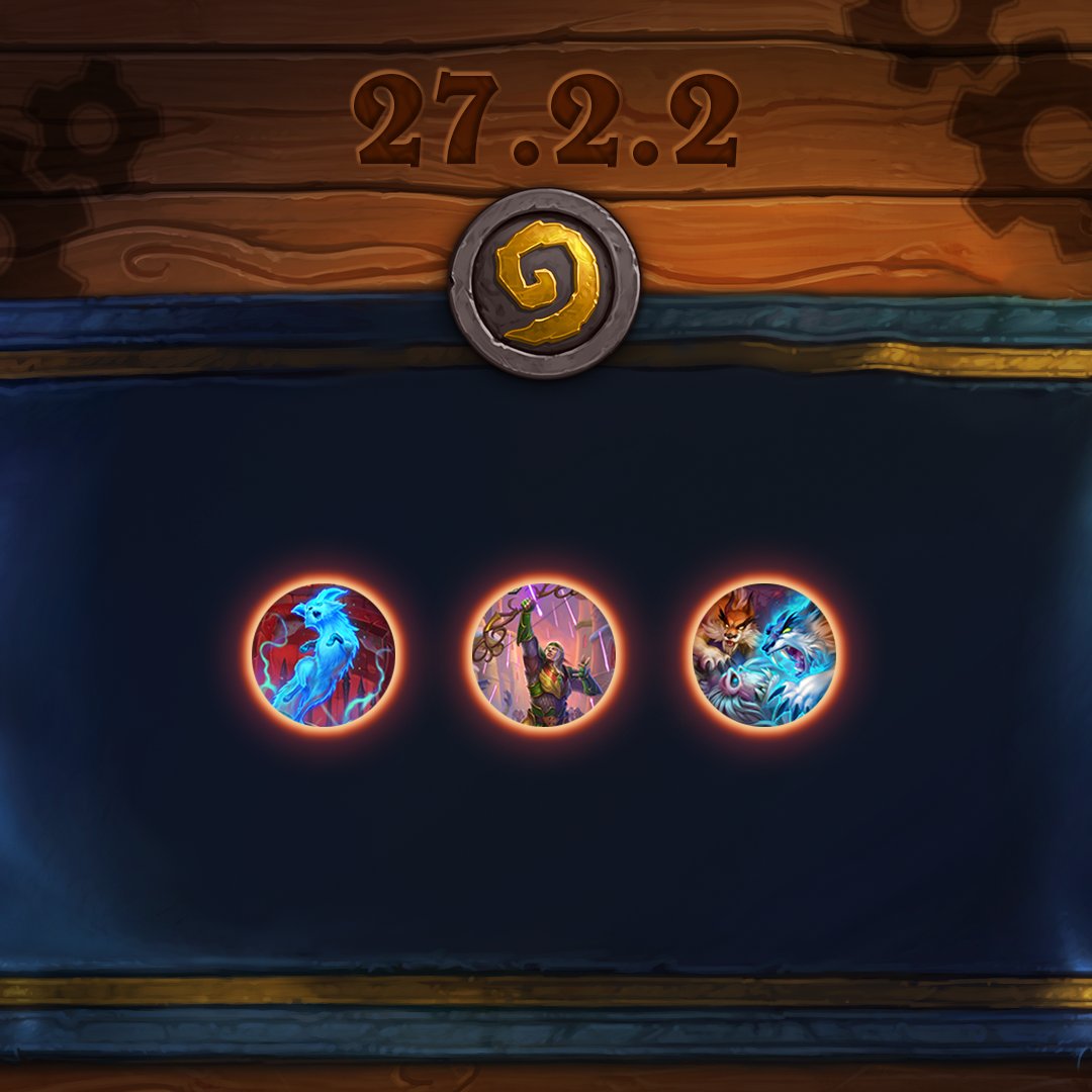 Standard mode. A banner reads "27.2.2." Card art for three cards are shown in red circles: Fox Spirit Wildseed, Halduron Brightwing, and Faithful Companions.