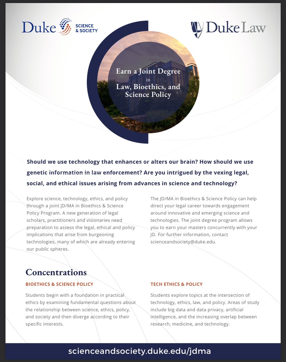 Join our JD/MA Info Session on Sept 5th, 12:30 pm at Duke Law Room 3041. Explore the joint program combining law, ethics, and emerging sciences. RSVP here: duke.is/c/hccw <a href="/DukeLaw/">Duke Law</a>