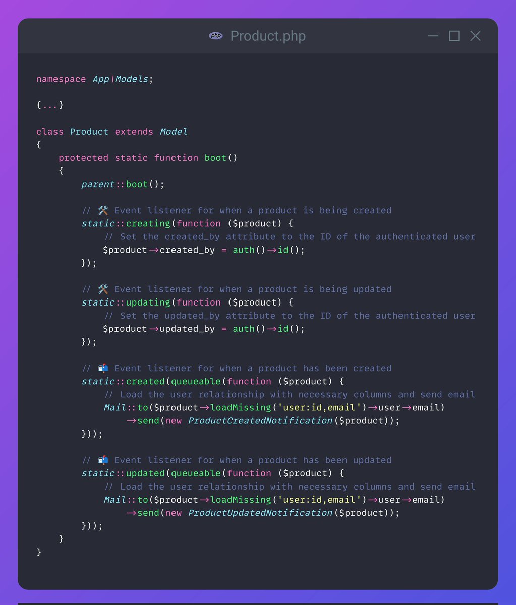 MrPunyapal's tweet photo. ⚡ Supercharge your #Laravel model events with queueable closures! 🚀 

Learn how to optimize tasks using queueable closures for background processing. 🪄

Boost performance effortlessly. 👨‍💻🔥

#Laravel #PHP #Tips 🤯 https://t.co/cCQaPkxJaU