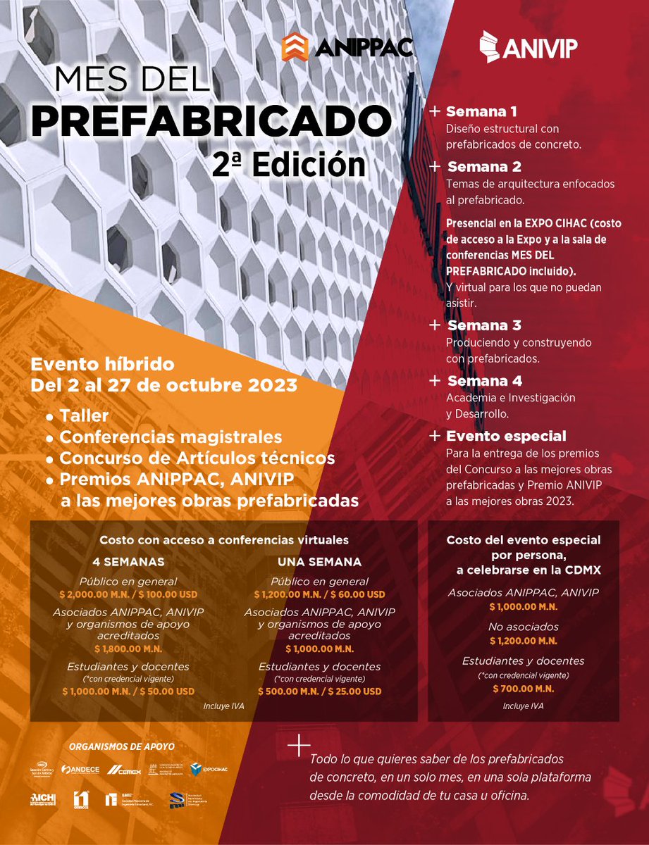 ich_cl's tweet photo. [Evento Patrocinado] Nuestras asociaciones amigas mexicanas @anippac y #anivip celebrarán durante octubre el "mes del prefabricado" con una serie de actividades. ¡Ojo con los descuentos para participar en esta actividad!

Más detalles, AQUÍ ▶️▶️ https://t.co/tm5XjZ0KSK https://t.co/YxJwVrzm3Z