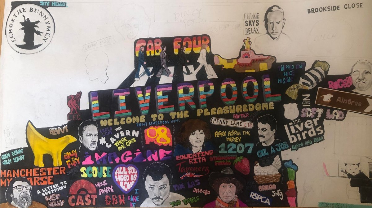 Liverpool artwork in progress by Paul Halmshaw. #Liverpool #lfc #everton #thebeatles #north #nortwest #liverpoolmusic #scouse #scouser #johnlennon #PaulMcCartney #frankiegoestohollywood #echoandthebunnymen #art #artwork #wallart #cavernclub