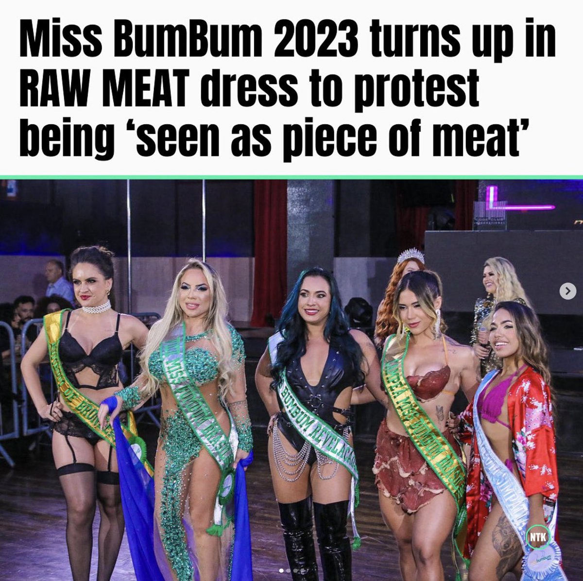 The winner of Miss BumBum 2023 turned up to claim her title dressed in an outfit made of RAW MEAT to protest her being “seen as a piece of meat”