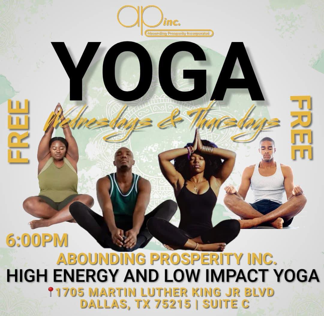 🧘 Join us for FREE Community Yoga Classes! 🧘‍♀️
Looking to unwind, relax, and rejuvenate? We at Abounding Prosperity Inc. offer FREE yoga classes to the Dallas community every Wednesday and Thursday at 6pm.
See you on the mat! 
#CommunityWellness #CommunityYoga #everyoneiswelcome