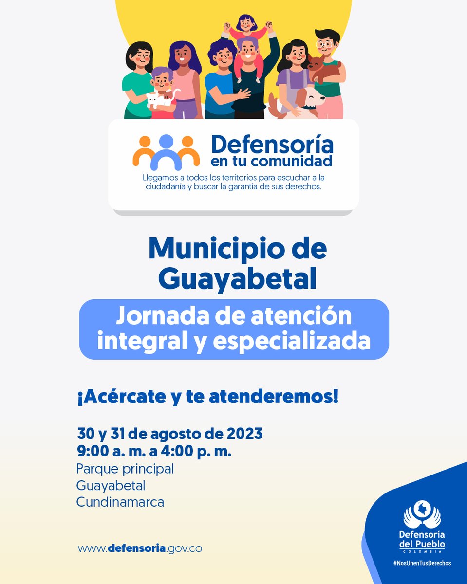 DefensoriaCol's tweet photo. 📢Los próximos 30 y 31 de agosto, Regional #Cundinamarca ofrecerá una jornada descentralizada de atención integral en #Guayabetal. Nuestros profesionales estarán listos para recibir las peticiones de la comunidad. 

Con el apoyo de la alcaldía de Guayabetal y la Personería. 🤝 https://t.co/yLCDchyPz7