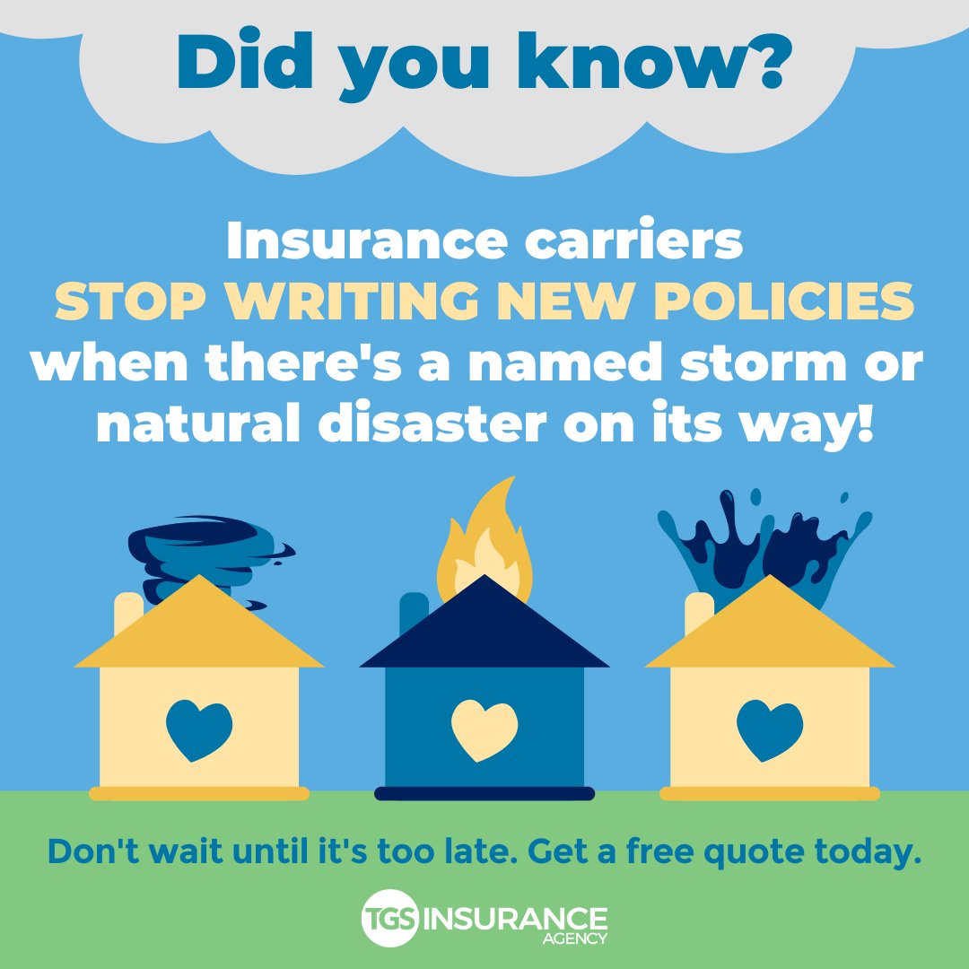 TGSInsurance's tweet image. When the next tropical storm starts brewing ⛈️ it WILL be too late to get hurricane, flood or windstorm insurance. 🚨 Don't wait until it's too late. 🌀💡 Learn more about prepping for hurricane season: bit.ly/3EfbxoF #hurricaneprep #hurricaneinsurance #tgsinsurance
