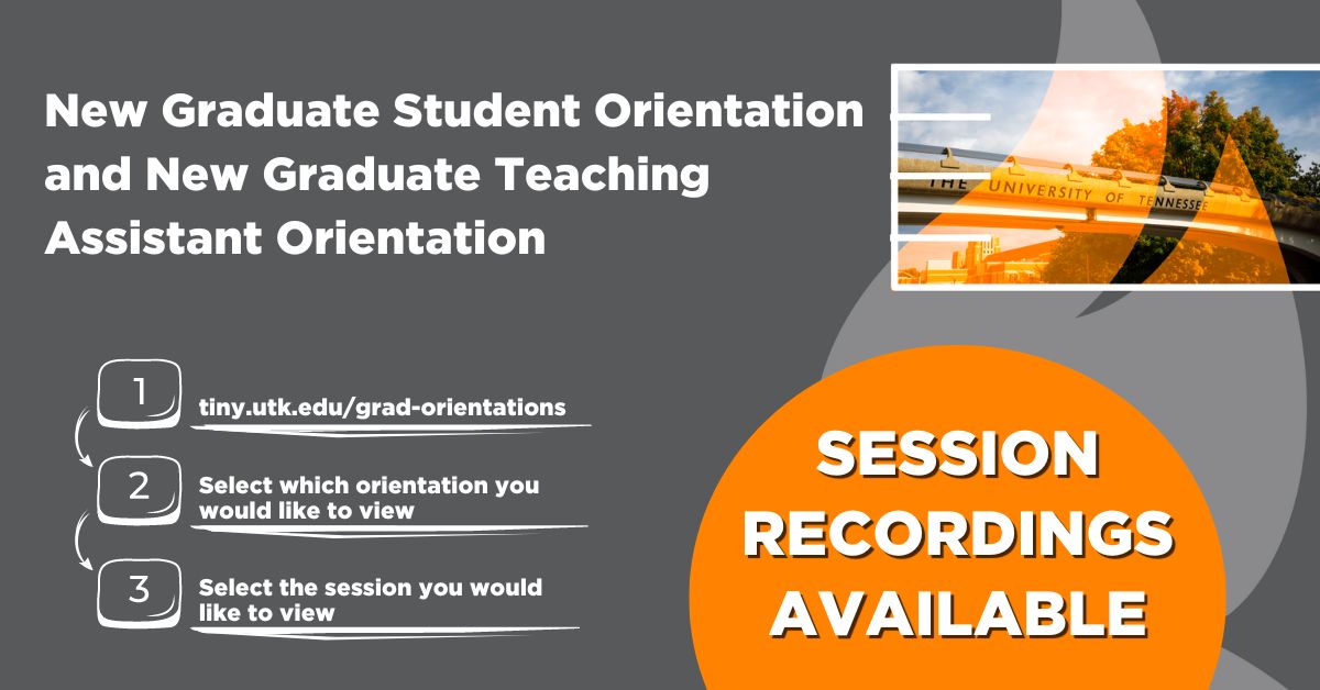 UTKGradSchool's tweet photo. Recordings and transcriptions for all New Graduate Student Orientation and New Graduate Teaching Assistant Orientation sessions are ready! To access the videos, log into your Vol Office360 account. Start the steps to access the videos by going to https://t.co/Kwz1W49v5m https://t.co/elAJ8yQszB