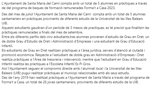 Programa 'Forma't a Casa 2023'.
Cinc alumnes en pràctiques! 
#AjuntamentdeSantaMariadelCamí 
 <a href="/UIBuniversitat/">Universitat de les Illes Balears - UIB</a>