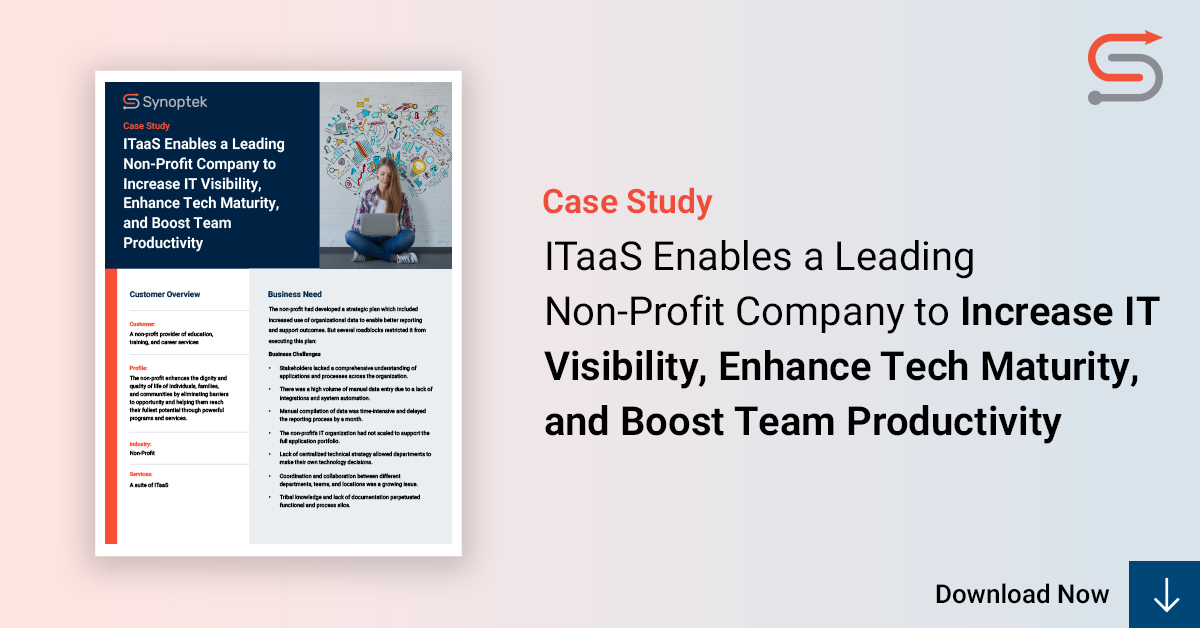 Synoptek's tweet image. Read how Synoptek’s suite of #ITaaS helped a nonprofit firm reduce manual labor by 3-4 FTEs, cut annual licensing by $20-40k, and avoid maintenance costs of $300K. snptk.co/44uPZPN