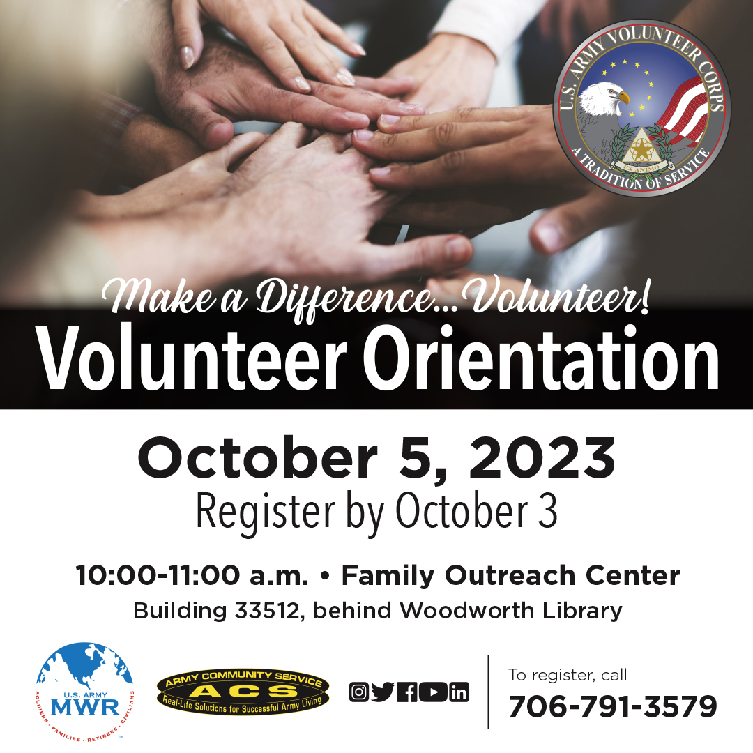 Missed out on this month's Volunteer Orientation Training? The next one is scheduled for October 5th! Register by October 3rd by calling 706-791-3579.

For all details, visit: gordon.armymwr.com/view-event/acs….

#GordonMWR #ACS #VolunteerOrientation