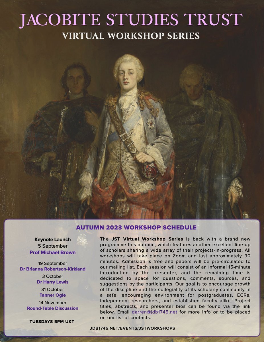 Here comes another excellent JST #JacobiteStudies workshop programme for the autumn term! We kick things off next Tuesday with a keynote from the brilliant Prof Michael Brown, who will be discussing ‘The Jacobite Aesthetic and the Conspiratorial Mind’.

jdb1745.net/events/jstwork…