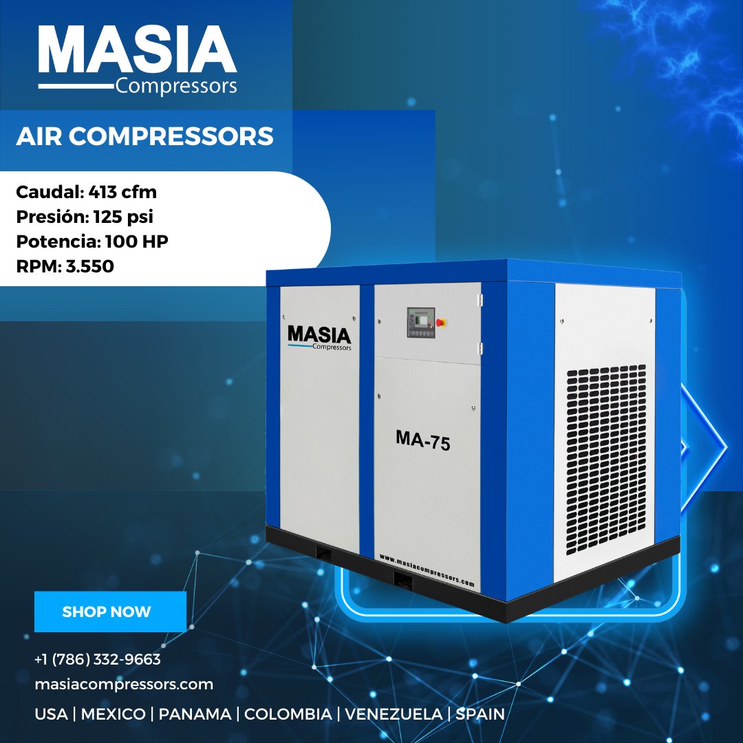 masiagroup's tweet image. #MasiaCompressors #aircompressorscrew #aircompressorservice 
Caudal: 413 cfm 
Presión: 125 psi
Potencia: 100 HP
RPM: 3.550