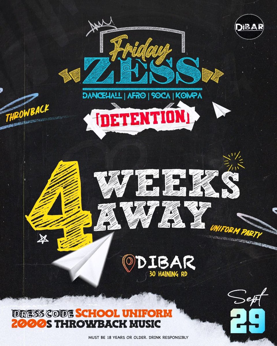 cariibae's tweet photo. 4 Weeks Until the Ultimate Back To School Zess.. Friday Zess: Detention📓✍🏾 Get your uniform fits ready for September 29 at Di Bar @di_bar_876❗️
Stay tuned to @fridayzess for more information
#FridayZess #Zessing #Zesstention #Zessnation #jamaica https://t.co/zCQYKliIND