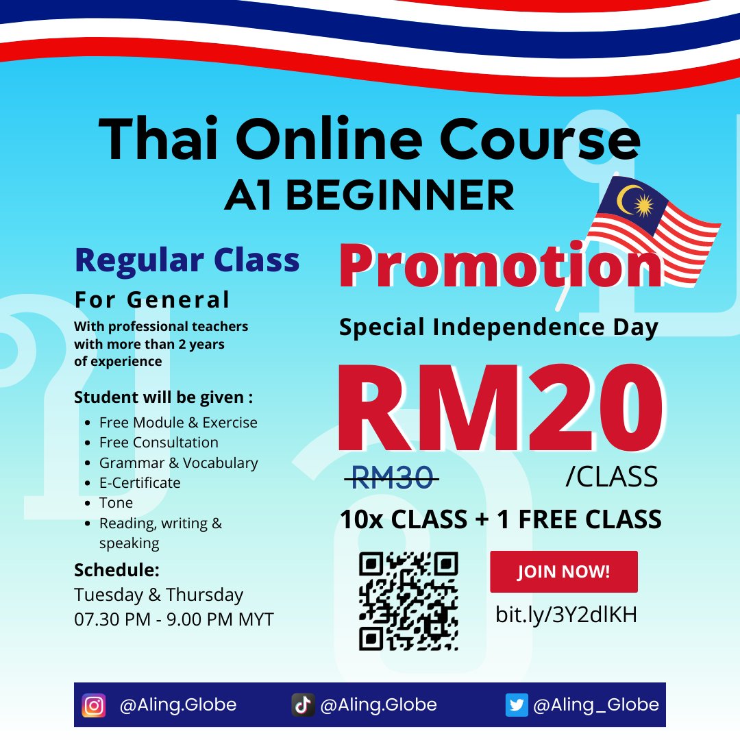alingglobe_id's tweet photo. 🎉Unlock the flavours of Thailand through our Online Thai Course! 🇹🇭 Special Merdeka Promo for our Malaysian friends!🇲🇾

🌟 Unleash your language potential and explore Thai culture from the comfort of your home.

Register now at https://t.co/ZEG8O1uL0L 
#LearnThai #MerdekaPromo https://t.co/aZJiT8dBB5