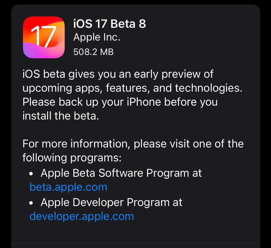 SomethingXcited's tweet photo. iOS 17 beta 8 is out!
#iOS17beta8 #ios17beta #iOS17 #iOSbeta #softwareupdate #developer #apple #iPhone #beta8 https://t.co/Jbl5u1Fz7u