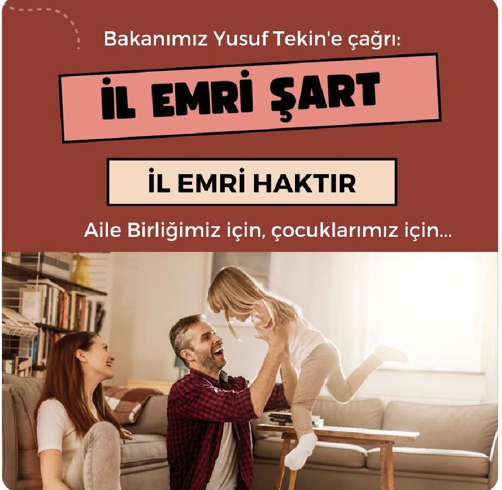 Aile birliğini sağlamamız için İL EMRİ tek yoldur. Çok az kontenjan ve yüksek puanlarla yarışmamız ve ailemizle bir araya gelmemiz mümkün değil. 
<a href="/RTErdogan/">Recep Tayyip Erdoğan</a> <a href="/Yusuf__Tekin/">Yusuf Tekin</a> <a href="/tcmeb/">Millî Eğitim Bakanlığı</a>
<a href="/tcbestepe/">T.C. Cumhurbaşkanlığı</a> <a href="/mebpgm/">Personel Genel Müdürlüğü</a> <a href="/cftcblnt/">Bülent ÇİFTCİ</a>
#ilemrivakti