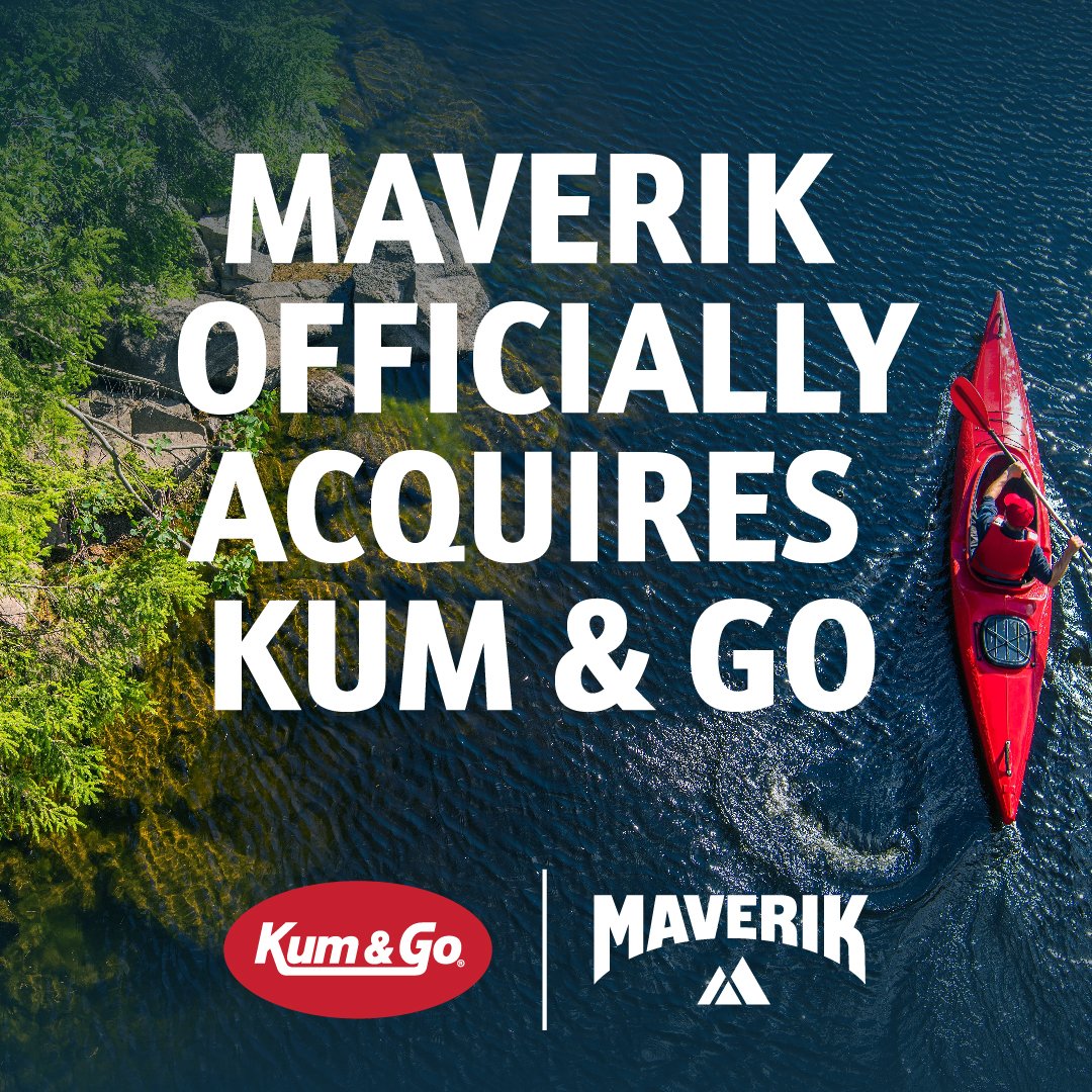 Maverik's tweet photo. @Maverik, together with its parent company, FJ Management, has officially completed the acquisition of @kumandgo and Solar Transport from Krause Group.

The closing of this transaction grows Maverik’s footprint to over 800 stores in 20 states with 14,000 Team Members!

“We are excited to welcome Kum & Go and Solar Transport Team Members to Maverik,” said Chuck Maggelet, CEO and Chief Adventure Guide of Maverik. “Together, we’ll offer our customers an adventurous and differentiated convenience store experience across fuel, foodservice, and inside-store offerings. We look forward to using our combined resources to grow our business and further elevate our product offerings to provide the best service to our customers.”
For more information, please refer to the full press release here: https://t.co/RAGxi2i9B1