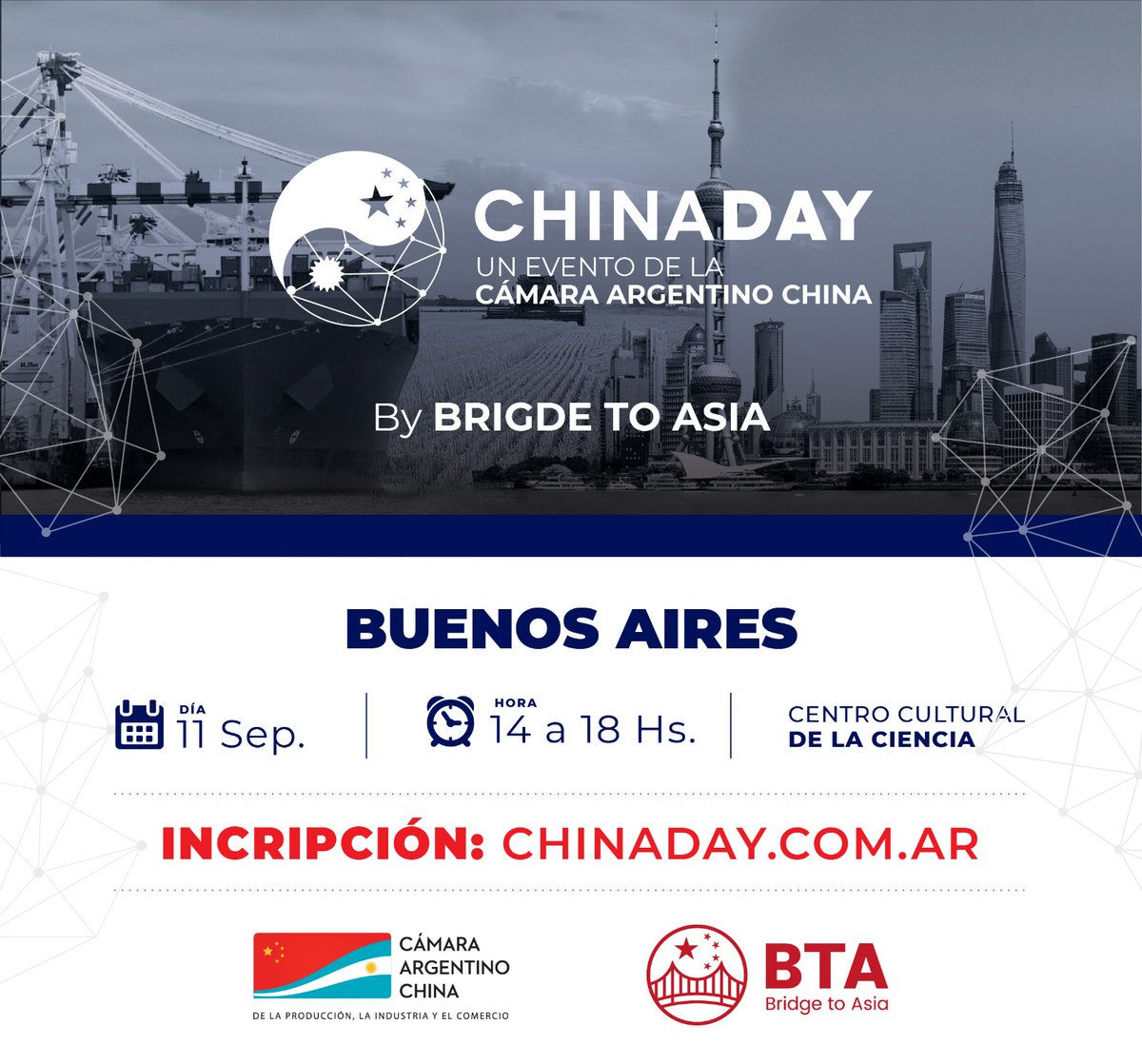 Se viene el #ChinaDay!Un gran evento que organizamos desde <a href="/BridgeToAsia/">Bridge To Asia</a> junto con la Cámara Argentino China! Todos invitados a participar con inscripción previa! chinaday.com.ar
