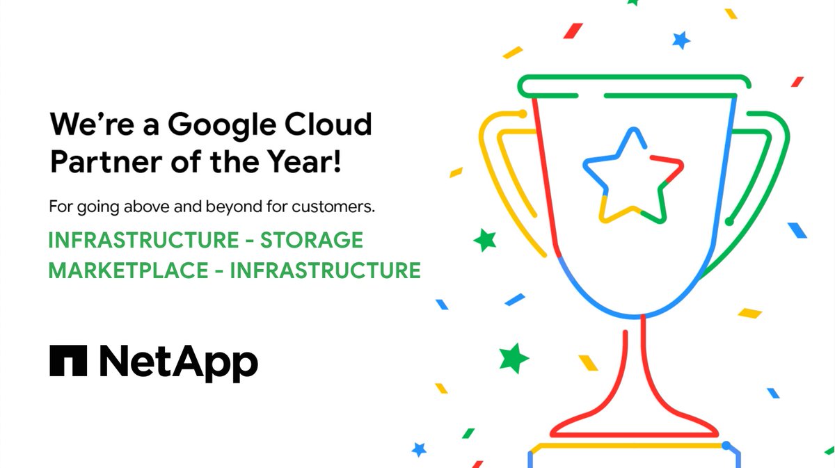 NetApp's tweet image. We&apos;re thrilled to announce that we&apos;re a 2023 #GoogleCloudPartner of the Year! 🎉 Recognized for providing standout infrastructure solutions and services to our customers, you can read all about the exciting news here: ntap.com/3Ei9BM5

#GoogleCloud @gcloudpartners