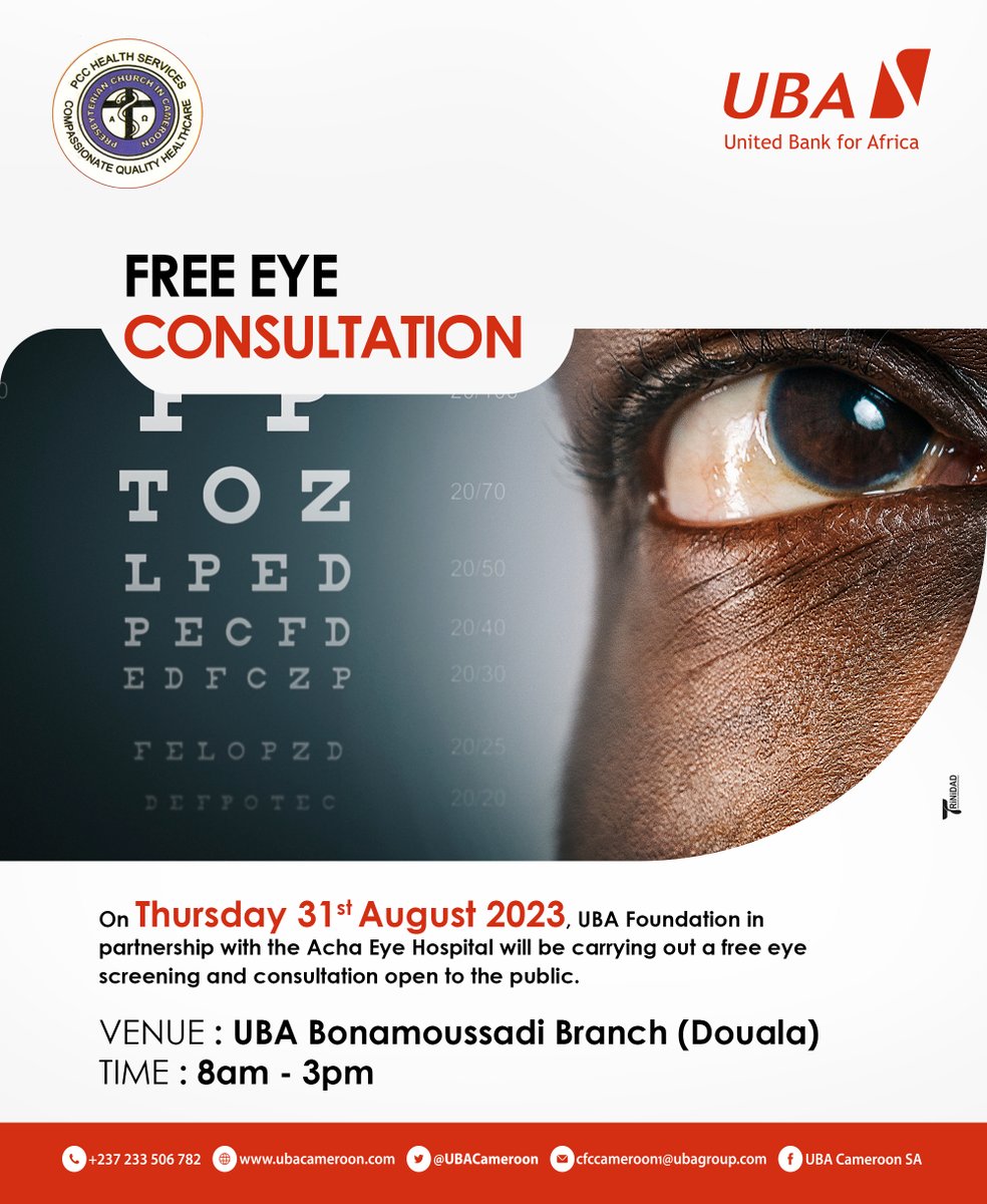 ubacameroon's tweet photo. Join us for a free eye screening on Thursday 31st August 2023 at UBA BONAMOUSSADI Branch (Douala) from 8am to 3pm.
Take care of your eyes, they deserve your full attention!
#UBACameroon
#UBAFoundation
#TakeCareOfYourEyes https://t.co/3nqAztOtEb