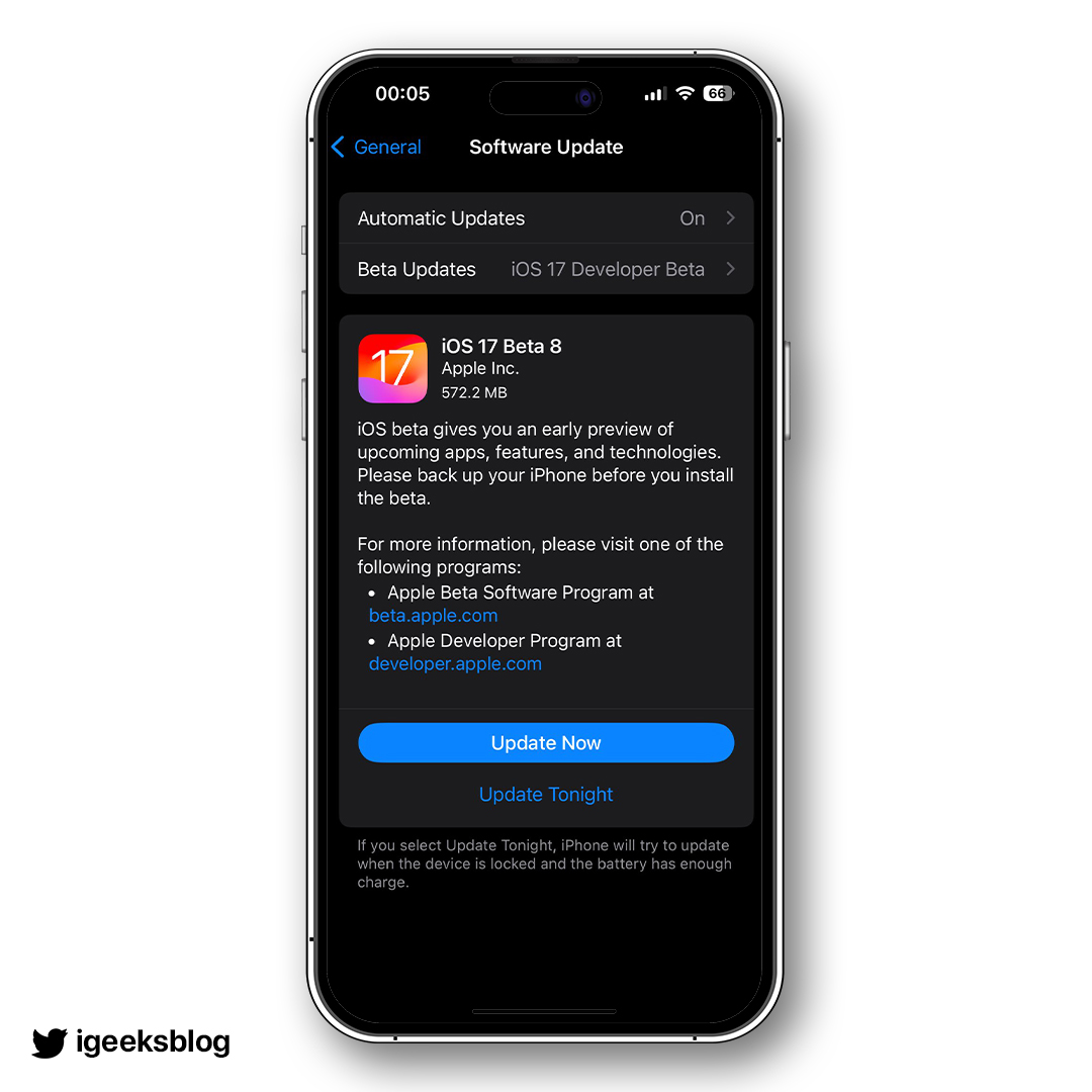 igeeksblog's tweet photo. iOS 17 beta 8 is out! 🚨
Before the official release next month, this may be the last beta update.
#iOS17 #iOS17Beta8 https://t.co/9i4OkPgqgq