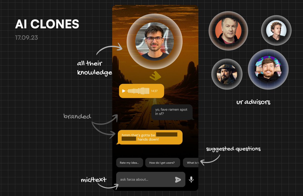 cjzafir's tweet photo. AI Chatbots will kill Digital FUNNELs.

Imagine this: 

Justin Welsh (A smart Solopreneur) who writes about Twitter and LinkedIn growth, creates a CLONE.

A Clone that copies:

- all of his content
- his writing style
- his OFFER

and even:

- his face
- his voice
- his personality

Now he deploys this Clone on his Landing page.

Then he sends all the COLD traffic from Twitter and LinkedIn to his Landing page.

On that Landing page, there is just this Clone of yours.

Now visitors can interact with you directly before they join your mastermind or buy your info product.

- You are providing upfront value to the audience.
- You are answering all their doubts.
- You are qualifying prospects.

And what you will get in return:

- Lead information (email, phone, location, etc)
- Chat sentiments (questions, objections)
- Content ideas (Answers, solutions)

It works like this. Imagine 100 people chatted with your clone today.

You collected raw data which will go:

- CRM to save all the lead data
- Calendly to save all booked meetings
- To Research Agent to find questions & objection
- To Content Agent to write content ideas (what people want)

Your clone can book meetings for you in your calendar.
Your clone can send a stripe link to collect payments.
your clone can speak back as a voice note.
Your clone can help you write content.
Your clone will make your offer better.

AI Clones (Next-gen Chat Assistants) will delete:

- Sales closers
- Ghostwriters
- Appointment setters
- Community managers.

And I am not kidding even 1%.

My Clone can work for me 24/7 without any days off. 

Printing me more money and making my offer, my content better and better.

And those who are saying AI can't write like us! Wait 2 months. That's just your ego talking.

To grab this opportunity just like me you have to master:

1. Custom chatbot building
2. AI prompt structures
3. Voice Cloning
4. Automation
5. No-code UI

This is at least a multi-six-figure opportunity at least.

Learn, Practice, and Build the best AI systems.

--------------

That's a wrap.

1. Repost this post to share value with your audience
2. Follow me @cj_zZZz for daily AI breakdowns.
3. Join my AI Newsletter 'The AI Startup'

This will help you grow in the AI space and most importantly make money from AI.

CJ