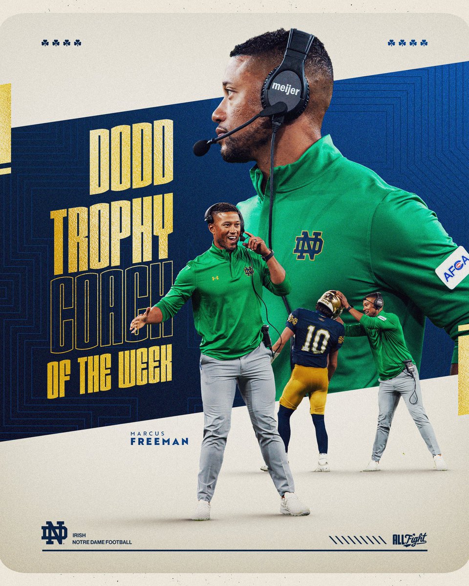 NDFootball's tweet photo. ☘️

@Marcus_Freeman1 has been named The Dodd Trophy Coach of the Week

#GoIrish☘️ https://t.co/3fPCrIWMSf