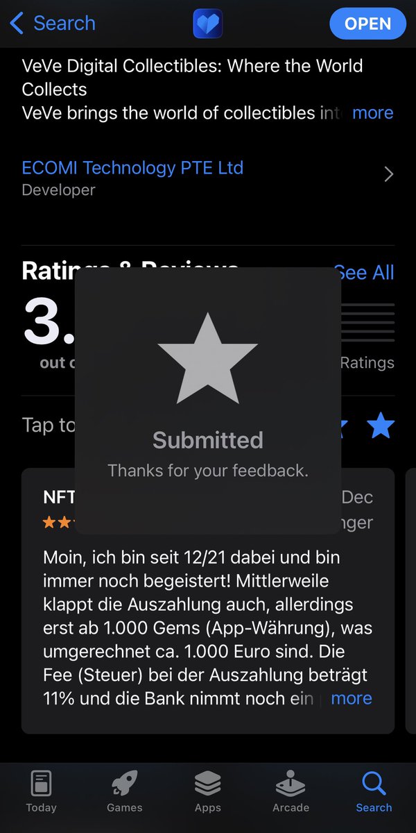 VeVeMeister's tweet photo. 4.0 is the goal #VeVeFam !
Please be advised - most people who DO write a review are people who complain and write bad reviews (also fudders!)
I timed it. For a quick review you need 1 minute! Just choose how many stars you'd like to give for the #VeVe experience.
For a written review, you'll need a bit longer, duh.
There's plenty to improve on VeVe, but we need to combat these 1 Star reviews, because (for example) Payout was not possible.
Do your part - do it now 🤗