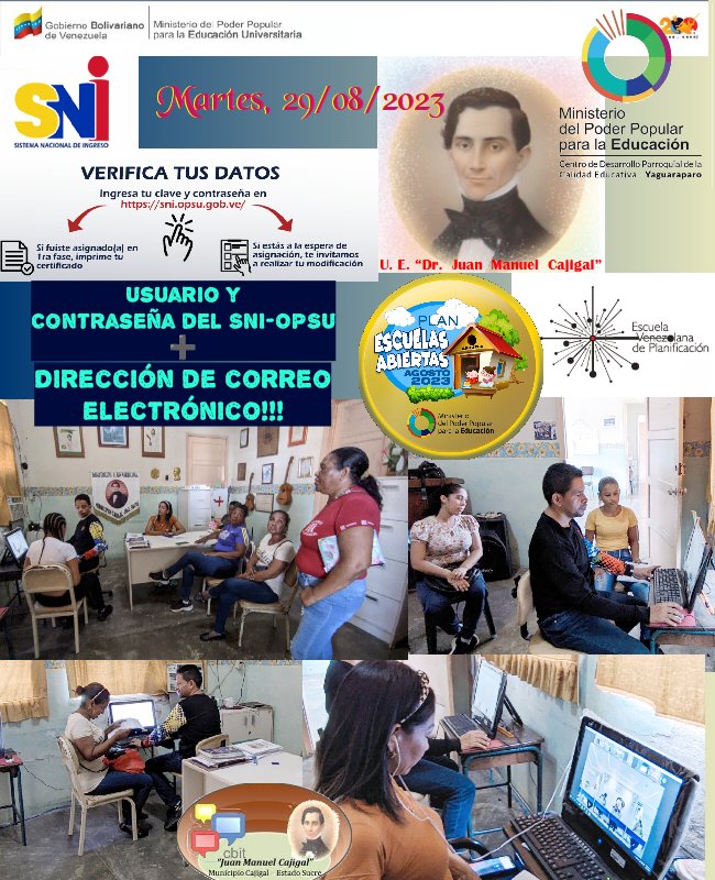 cbitjmc's tweet photo. ACTIVIDADES: Atención participantes Media General LICEO y MISION RIBAS, para verificación datos SNI-OPSU. Atención obreros, docentes y administrativos verificación acceso e inscripción Escuela Venezolana de Planificación. Apoyo CDCE Municipio Cajigal conexión video conferencia https://t.co/45XV5JyQ5A