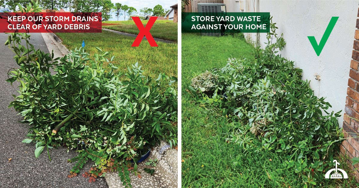 Secure Yard Waste Before Storm! 

Yard waste left at the curb can wash into storm drains causing localized flooding. Please secure all yard waste near your home to prevent it from blowing into the street and storm drains. 
(1/2)