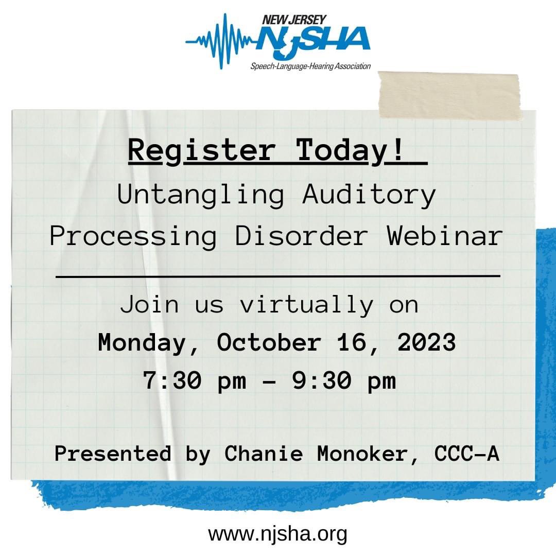 NJSHA1's tweet photo. Register Today for this Upcoming Webinar! Untangling Auditory Processing Disorder 

Join us virtually on Monday, October 16, 2023 from 7:30 pm – 9:30 pm 

Presented by Chanie Monoker, CCC-A
 
Register at https://t.co/aww32MmHDb #NJSHA #wearenjsha https://t.co/gKGq2s4dn8