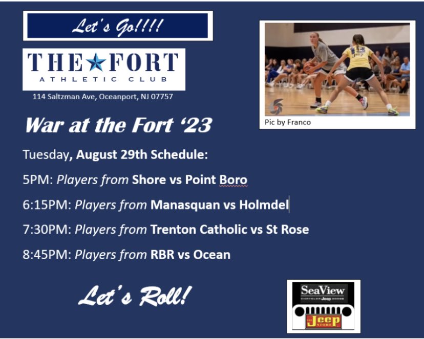 Dave Callahan (@rfhcoachcal) on Twitter photo Last Tuesday of War at the Fort! Let’s rock! <a href="/ShoreGirlsBBall/">ShoreGirlsBBall</a> <a href="/borogirlshoops/">Point Boro Womens Basketball</a> <a href="/SquanGirlsBBall/">Manasquan Girls Basketball</a> <a href="/HolmdelHSGBB/">Holmdel High School Girls Basketball</a> @TCA_GIRLSBBALL <a href="/SRHSGIRLSBB/">St. Rose Girls Basketball 🏀</a> <a href="/JTHoopsNJ/">Truhan</a> <a href="/OTGBBSpartans/">OTGBBSpartans</a> <a href="/NJLadiesHoops/">NJ Ladies Hoops</a> <a href="/nlowe11/">Nick Lowe</a> <a href="/dbrust1030/">Brust</a> <a href="/TinyGreenNBS/">Coach Tiny Green</a> Games start at 5! Be there!! Last Tuesday of War at the Fort! Let’s rock! <a href="/ShoreGirlsBBall/">ShoreGirlsBBall</a> <a href="/borogirlshoops/">Point Boro Womens Basketball</a> <a href="/SquanGirlsBBall/">Manasquan Girls Basketball</a> <a href="/HolmdelHSGBB/">Holmdel High School Girls Basketball</a> @TCA_GIRLSBBALL <a href="/SRHSGIRLSBB/">St. Rose Girls Basketball 🏀</a> <a href="/JTHoopsNJ/">Truhan</a> <a href="/OTGBBSpartans/">OTGBBSpartans</a> <a href="/NJLadiesHoops/">NJ Ladies Hoops</a> <a href="/nlowe11/">Nick Lowe</a> <a href="/dbrust1030/">Brust</a> <a href="/TinyGreenNBS/">Coach Tiny Green</a> Games start at 5! Be there!!