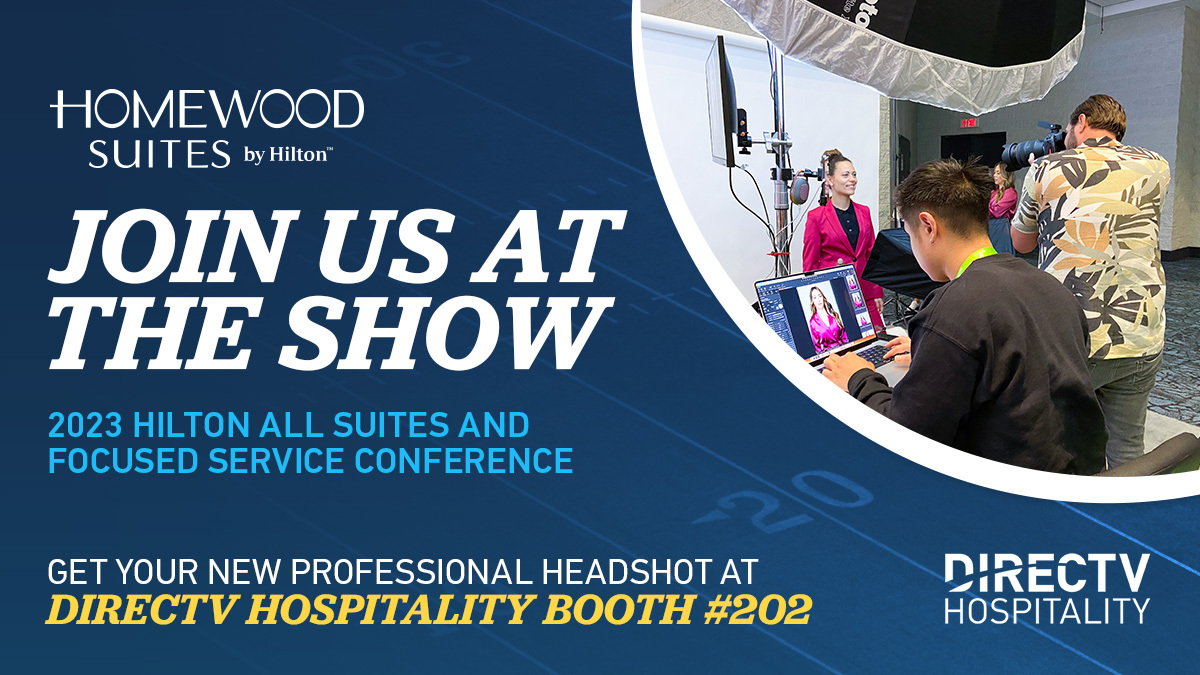 directvbusiness's tweet photo. Are you attending the 2023 @Hilton All Suites and Focused Service Conference? Be sure to stop by the DIRECTV HOSPITALITY booth (No. 202), where we will have a photo station set up for you to get a new professional headshot! #DIRECTVHOSPITALITY #GameDayDIRECTV #hospitality #hospitalitymanagement