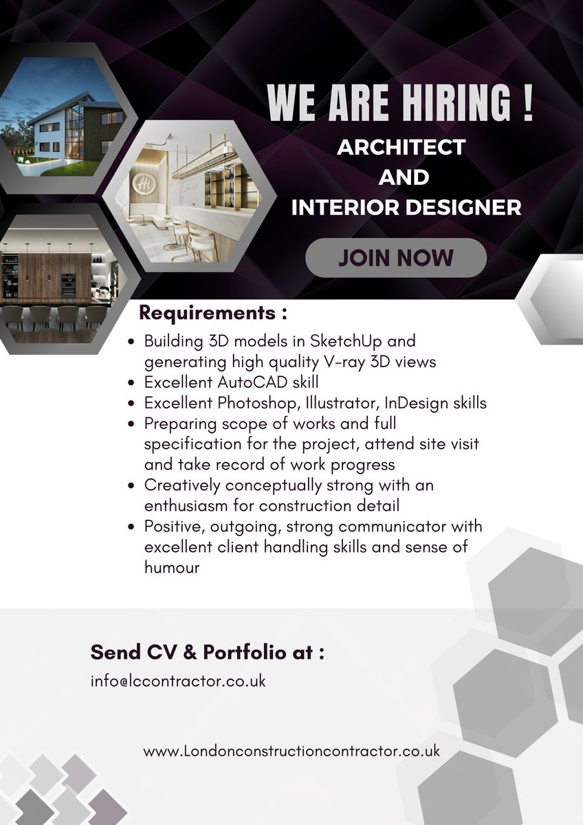 London Construction Contractor Ltd is hiring.

Contact us: info@lccontractor.co.uk

#jobvacancy #architecturehiring #interiordesigner #architecture #interiordesignervacancy #autocad #3d #jobhiring #londonarchitecture #londoninteriordesigner #LCC