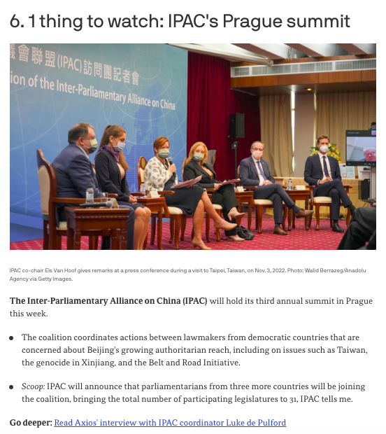 This week the Inter-Parliamentary Alliance on China <a href="/ipacglobal/">Inter-Parliamentary Alliance on China (IPAC)</a> will kick off its third annual summit in Prague.

Be on the lookout for big new announcements from IPAC lawmakers this week — including the addition of lawmakers from 3 new countries.