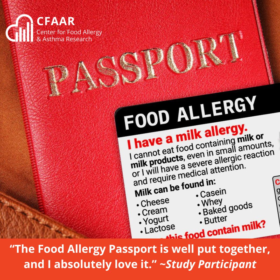 cfaarnu's tweet photo. CFAAR collaborated with food allergy researchers to study the usefulness of a #FoodAllergyPassport to help families manage food allergies better &amp; improve their quality of life. The FA Passport is available to all patients! Read more: https://t.co/LdHPhKqpSL https://t.co/waLmC7QsDF