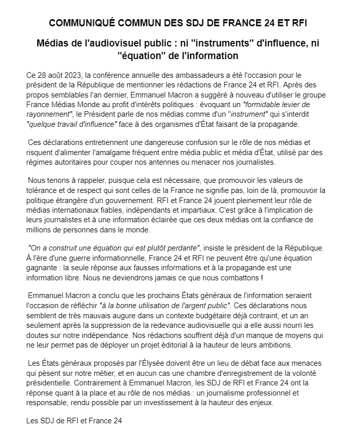 France 24 et RFI ne sont ni des ' instruments ' d'influence ni des ' équations ' à construire. Pour nos SDJ, seules l'indépendance, la rigueur et l'impartialité permettent de s'imposer dans un monde ou les fake news se répandent.@sdjrfi @FRANCE24 @RFI