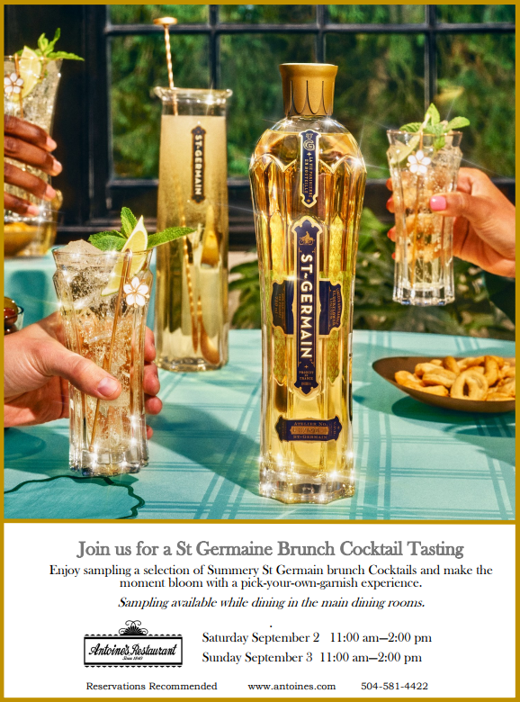 AntoinesNOLA's tweet photo. Join us this Saturday & Sunday for a very special @StGermainDrinks #BrunchCocktail Tasting! Sample summery #StGermain #brunch #cocktails. Make the moment bloom with a pick-your-own garnish experience. Reservations are highly recommended. Call (504) 581-4422 or use @opentable. https://t.co/t13BCy0utR