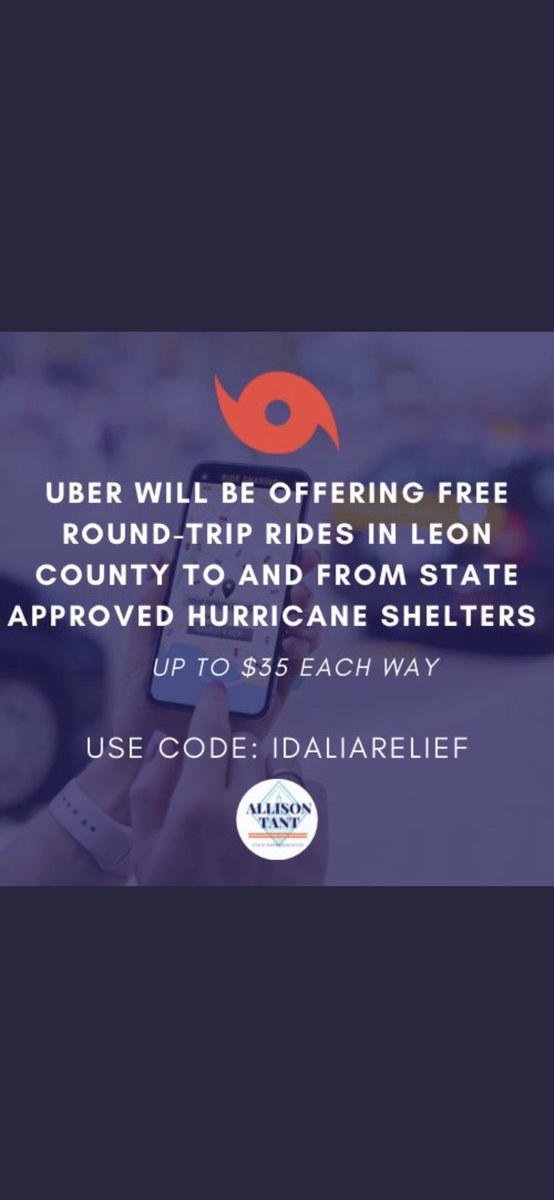 KatieKaplanNews's tweet photo. UBER VOUCHERS TO LEON COUNTY SHELTERS: Ride offer valid for up to two trips per rider. Rides must be requested to or from any state-approved evacuation shelter in Leon. Promo code must be applied before requesting the ride for discount to apply. https://t.co/Y1uK9lvnzk
