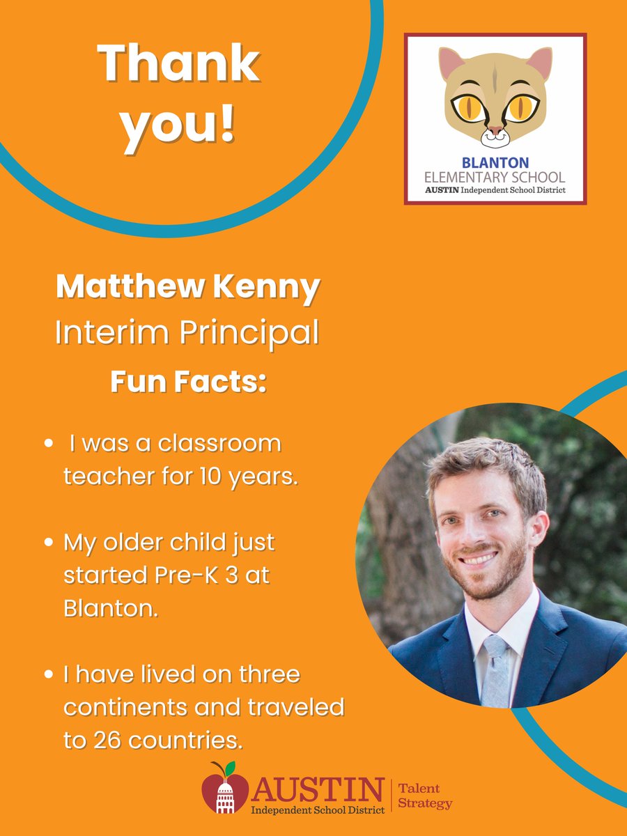 WeAreAISD's tweet photo. Please join us in extending a warm welcome to Matthew Kenny as interim principal at Blanton Elementary
School.๐
We thank Mr. Kenny for sharing his strengths with the Blanton community! @AISD_OSL @AustinISD #AISDProud #AISDjoy https://t.co/HlogP4Rz0N