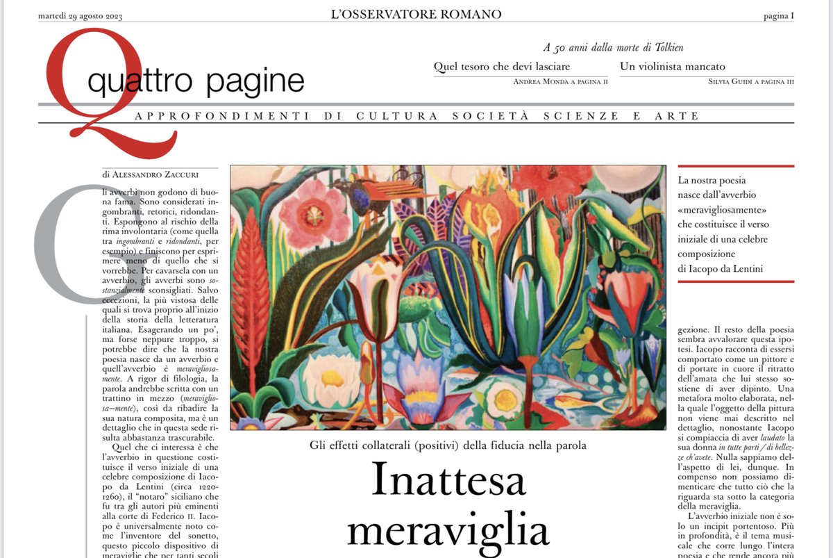 .<a href="/AlessZaccuri/">Alessandro Zaccuri</a> ‘La letteratura è uno strumento di educazione allo stupore non perché ci proietta con violenza in un mondo totalmente estraneo, ma perché illumina le zone d’ombra della quotidianità’ su #QuattroPagine, inserto culturale  de <a href="/oss_romano/">L'Osservatore Romano</a>, in vista di <a href="/FestdellaMente/">Festival della Mente</a>