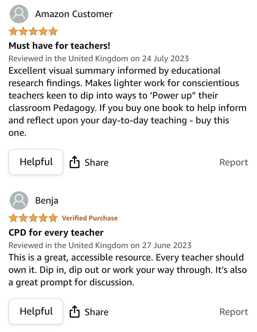 Two great reviews of ‘Power Up Your Pedagogy’ on Amazon. Thank you! They’re very much appreciated 😊

Published by @JohnCattEd and <a href="/JohncattUSA/">John Catt USA</a>, the book is available here: amzn.eu/d/8uL7jtx