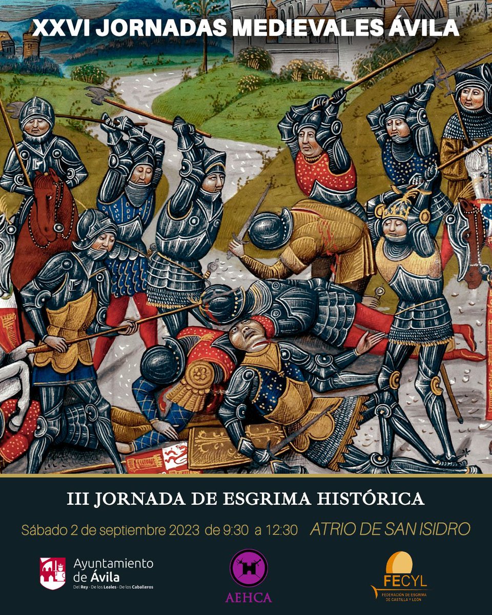 EsgrimaHistAv's tweet photo. ¿A quien vemos el sábado? 
Ya vuelve #ÁvilaMedieval y con ella nuestra palestra de Artes Marciales Históricas Europeas.

‼️En caso de inclemencias climatológicas la actividad de traslada al Palacio de Superunda - Caprotti de 10:00h a 12:00h.

⚔️ ¡Os esperamos! ⚔️ https://t.co/fV6GpqpeaS