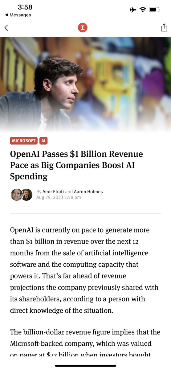 amir's tweet photo. Exclusive:

OpenAI is blowing by earlier revenue projections, already passed $1b ARR. 

Turns out plenty of big companies like LLMs :)

https://t.co/4ei2UMIqJx w / @aaronpholmes @OpenAI $msft https://t.co/SJya1qb6DZ