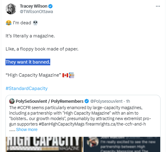 Polysesouvient's tweet image. #CCFR twisting our words into ridiculous claim (as usual - it's all they got). Do their followers actually believe them? #Ban deadly devices, not paper #BanHighCapacityMagazines same as #BanLargeCapacityMagazines