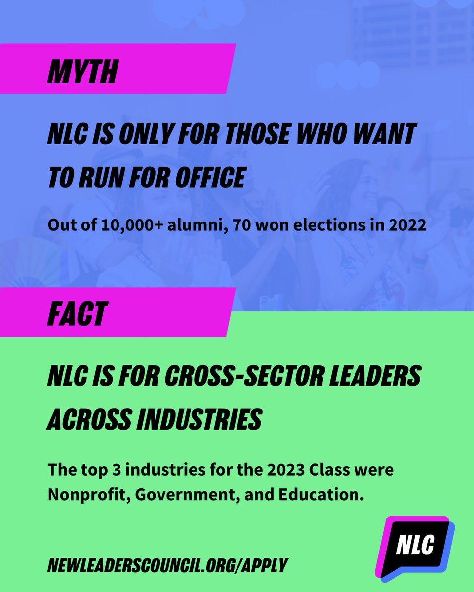 Myth: NLC is only for people who want to run for office. Out of 10,000+ alumni, 70 won elections in 2022.

Fact: NLC is for cross-sector leaders across industries. The top 3 industries for the 2023 Class were Nonprofit, Government, and Education.