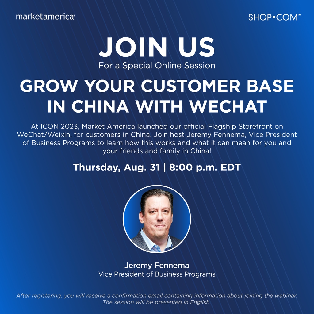 MarketAmerica's tweet photo. 🚨Grow Your Customer Base In China With WeChat🚨⁠
⁠
Registration 🔗: https://t.co/HMiKhGUhAH
⁠
Who: Jeremy Fennema
What: Grow Your Customer Base In China With WeChat
When: Thursday - August 31 @ 8 PM EDT⁠
Where: Zoom⁠
⁠
#MarketAmerica | #GrowYourBase https://t.co/y2m2DhWNt6