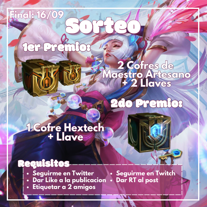 sweet_miu_'s tweet photo. ¡SORTEO!
Celebrando nuestro avance en TikTok haremos un sorteo de Cofres Artesanos y Hextech!
Termina el SABADO 16 DE SEPTIEMBRE.
- REQUISITOS:
•Seguirme en TW
•Dar Like
•Dar RT
•Seguirme en Twitch (Link en comentarios)
•Etiquetar a 2 amigos
#LeagueOfLegends #SorteoLoL https://t.co/WI3Sa7RipG
