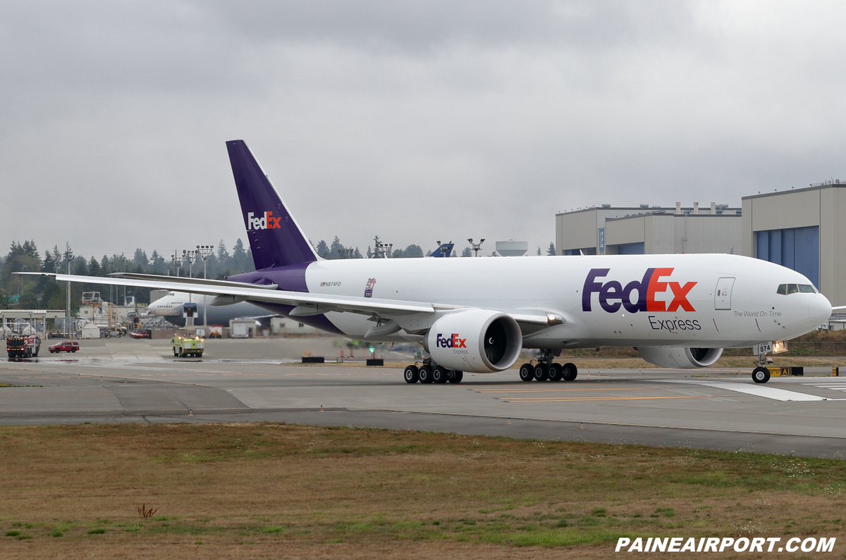 mattcawby's tweet photo. The 50th 777 for FedEx, N874FD, departing Paine Field on a delivery flight to Memphis https://t.co/jduiEoQtMr
