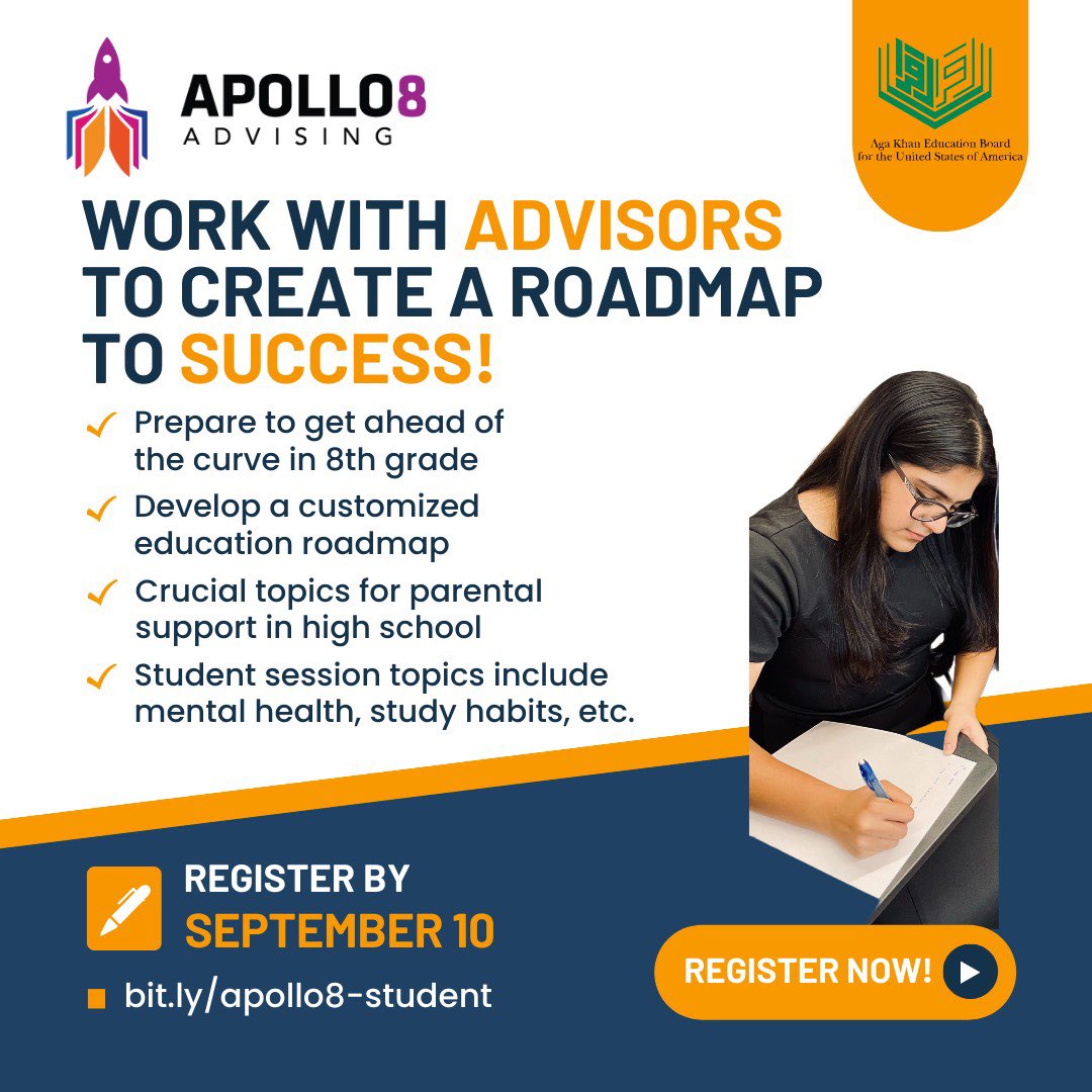 akebsw's tweet photo. Apollo 8 Advising presents a mentorship program for 8th graders! Mentor applications close this Friday, September 1st. 

Register now at https://t.co/eXcWlItcAv

#Apollo8 #IsmailiStudents #Mentorship https://t.co/uqFHrPYFgV