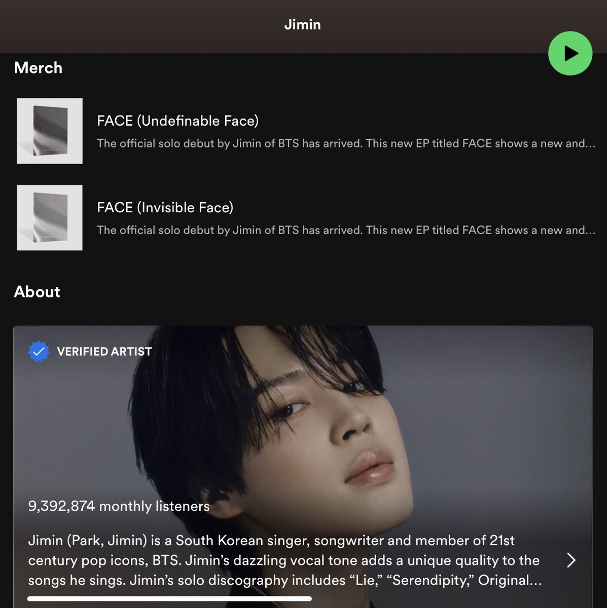 “FACE” (Undefinable and Invisible versions) have both FINALLY been added under the Merch section on Jimin’s Spotify profile 🥳👏

158 days after the album’s release!

Direct links to Spotify Shop
🔗 shop.spotify.com/en/artist/1oSP…
🔗 shop.spotify.com/en/artist/1oSP…